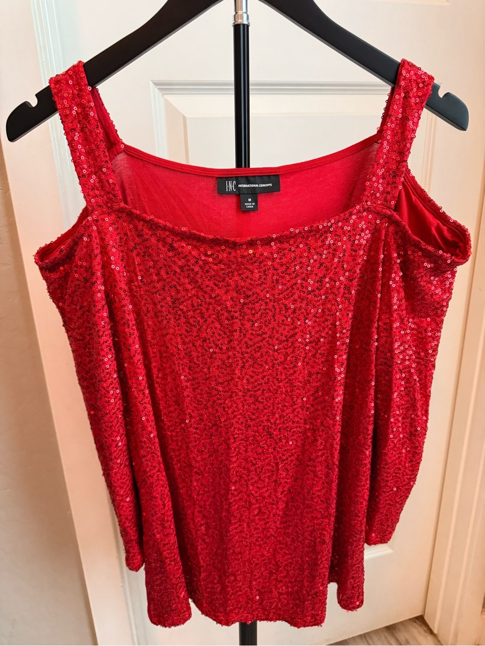 INC International Concepts Red Sequin Cold-Shoulder Tank Top